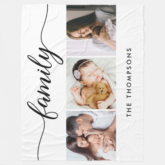 Custom 3 Photos Modern Script Family Name Fleece Deken (Voorkant)