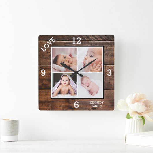 Custom 4 Photo Collage Family Name Love Dark Wood Vierkante Klok (Huis)