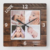 Custom 4 Photo Collage Family Name Love Dark Wood Vierkante Klok (Voorkant)