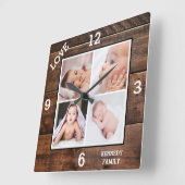 Custom 4 Photo Collage Family Name Love Dark Wood Vierkante Klok (Hoek)