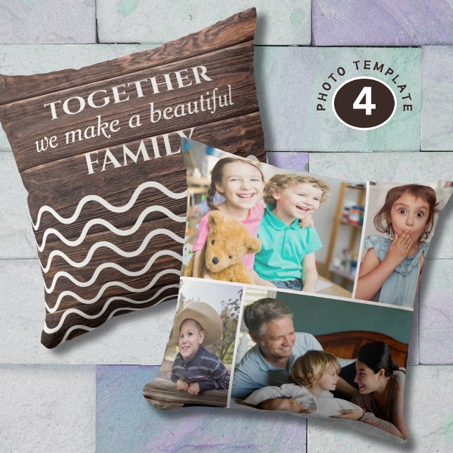 Custom 4 Photo Collage Family Quote Rustic Wood   Kussen (Creator heeft geüpload)