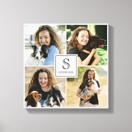 Custom 4 Photo Collage with Monogram and Name Canvas Afdruk (Voorkant)