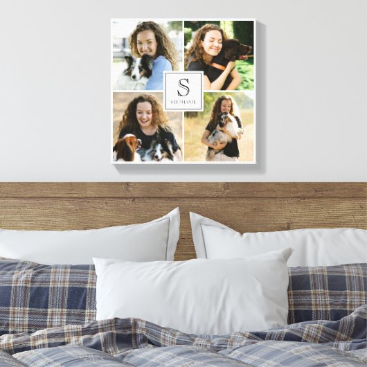 Custom 4 Photo Collage with Monogram and Name Canvas Afdruk (Insitu (Slaapkamer))