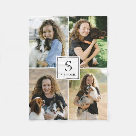 Custom 4 Photo Collage with Monogram and Name Fleece Deken (Voorkant)