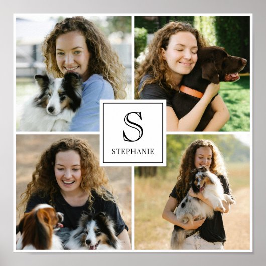Custom 4 Photo Collage with Monogram and Name Poster (Voorkant)