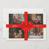Custom 4 Photo Elegant Big Red Ribbon Christmas Feestdagenkaart (Voorkant)