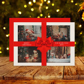 Custom 4 Photo Elegant Big Red Ribbon Christmas Feestdagenkaart