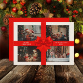 Custom 4 Photo Elegant Big Red Ribbon Christmas Feestdagenkaart