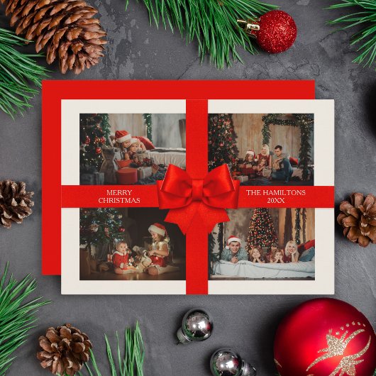 Custom 4 Photo Elegant Big Red Ribbon Christmas Feestdagenkaart