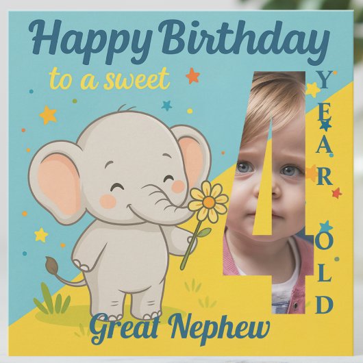 Custom 4th Birthday Elephant Sweet Your Photo Card Kaart