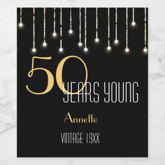 Custom 50 jaar jong zwart goud lampjes elegant wijn etiket (Enkel label)