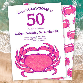 Custom 50th Birthday Bold Pink Crab Seafood Pun Kaart