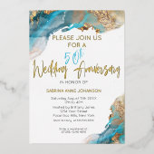 Custom 50th W Jubileum Blauwgroen en Goud Abstract Folie Feestdagenkaart (Voorkant)