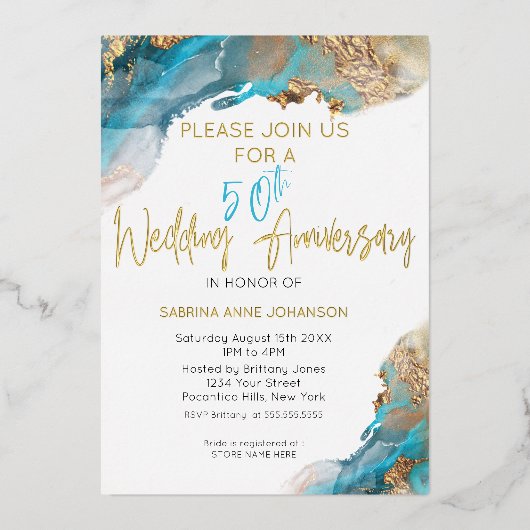 Custom 50th W Jubileum Blauwgroen en Goud Abstract Folie Feestdagenkaart (Voorkant)