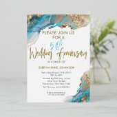 Custom 50th W Jubileum Blauwgroen en Goud Abstract Folie Feestdagenkaart (Staand Voorkant)