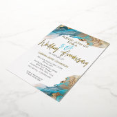 Custom 50th W Jubileum Blauwgroen en Goud Abstract Folie Feestdagenkaart (Gedraaid)