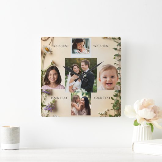 Custom 5 Photo Collage Birthday Gift Vierkante Klok (Huis)
