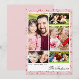 Custom 5-Photo Pink Snowflake Christmas Flat Card Feestdagenkaart