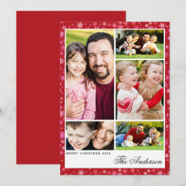 Custom 5-Photo Red Snowflake Christmas Flat Card Feestdagenkaart