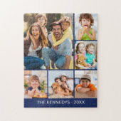 Custom 6 Photo Collage Family Name Minimalist Blue Legpuzzel (Verticaal)