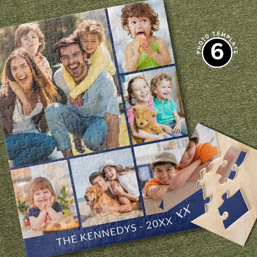 Custom 6 Photo Collage Family Name Minimalist Blue Legpuzzel