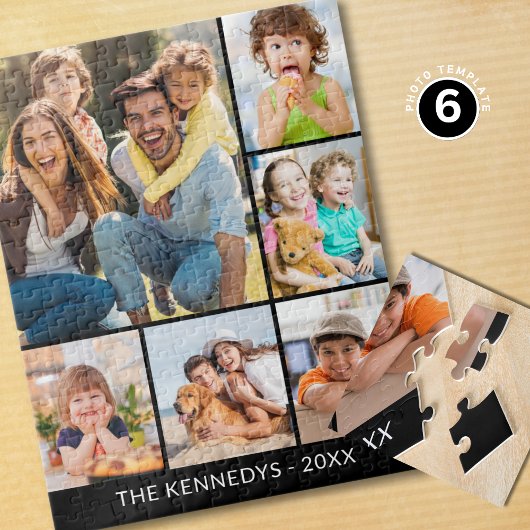 Custom 6 Photo Collage Family Name Minimalist  Legpuzzel