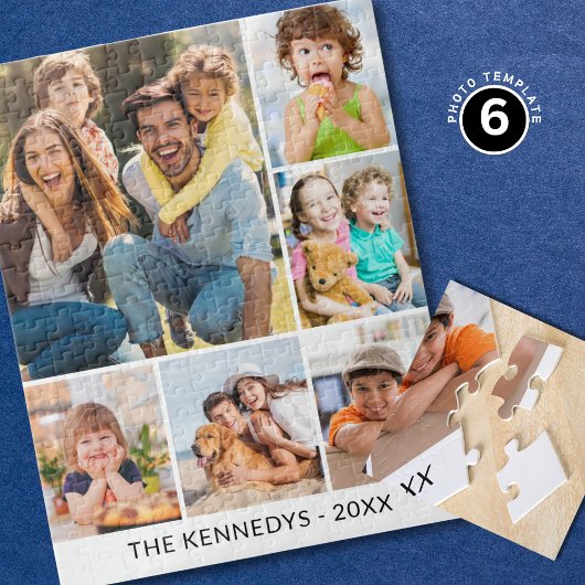 Custom 6 Photo Collage Family Name Simple White Legpuzzel