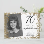 Custom 70th Photo Black and Gold Sequins Kaart (Staand voorkant)