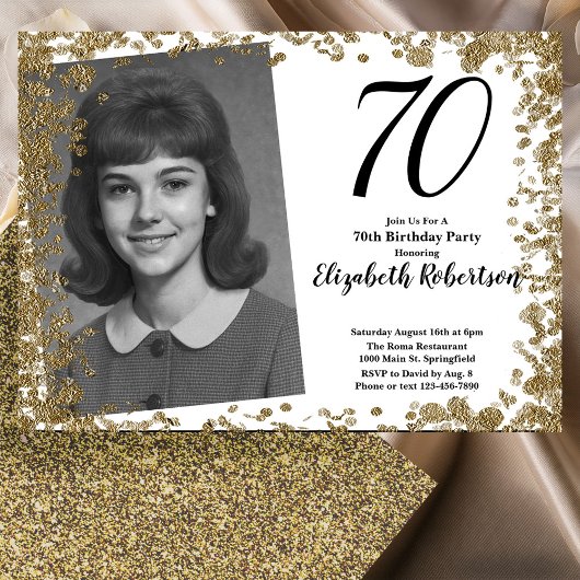 Custom 70th Photo Black and Gold Sequins Kaart