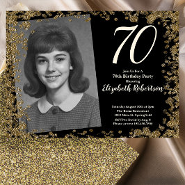 Custom 70th Photo Black and Gold Sequins Kaart