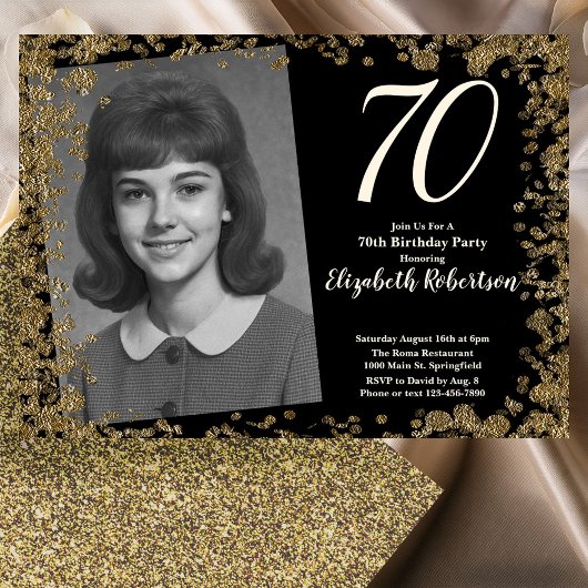 Custom 70th Photo Black and Gold Sequins Kaart