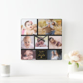 Custom 7 Photo Collage Gold Family Quote Black Vierkante Klok (Huis)