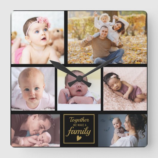Custom 7 Photo Collage Gold Family Quote Black Vierkante Klok (Voorkant)