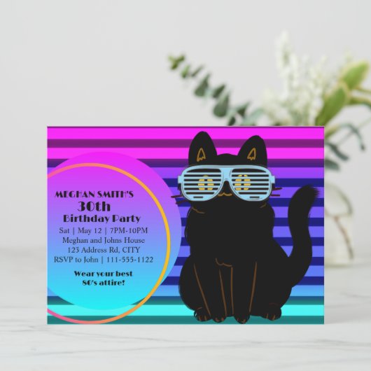 Custom 80's Neon Blast Cool Cat Throwback Party Kaart (Staand voorkant)