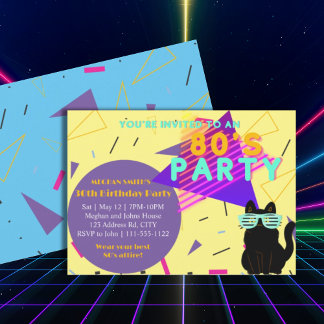 Custom 80's Retro Black Cat Throwback Party Kaart