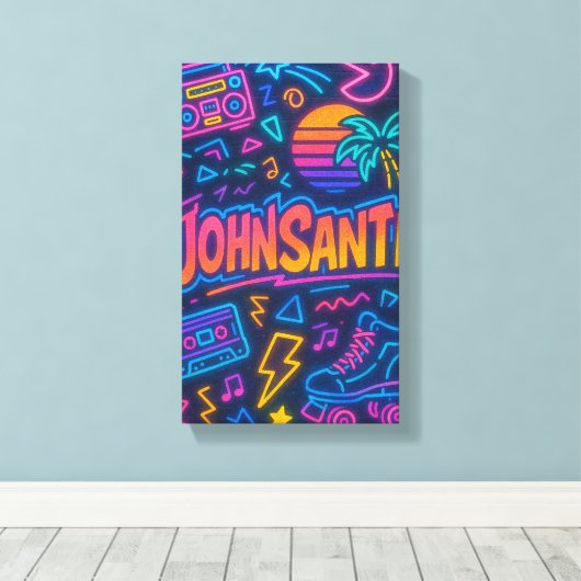 Custom 80s Retro Neon Naam Poster – John Santi Canvas Afdruk (Insitu (Houten vloer))