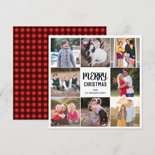Custom 8 Foto Vrolijk Kerstfeest Red Gingham Plaid Feestdagenkaart (Voorkant / Achterkant)