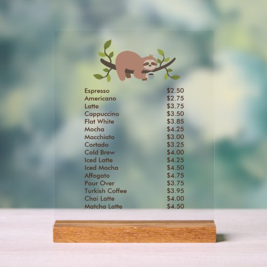 Custom Acrylic Pedestal Menu Sign with Sloth  Acryl Bord (Neutraal)
