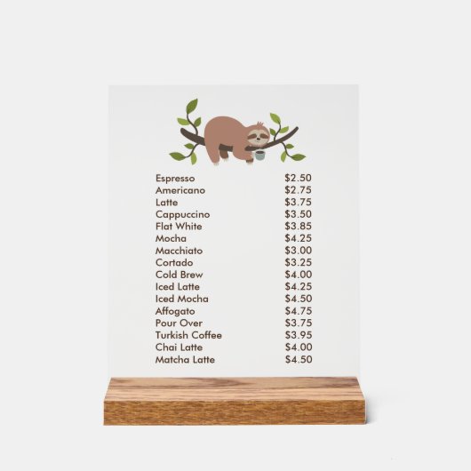 Custom Acrylic Pedestal Menu Sign with Sloth Acryl Bord (Voorkant)