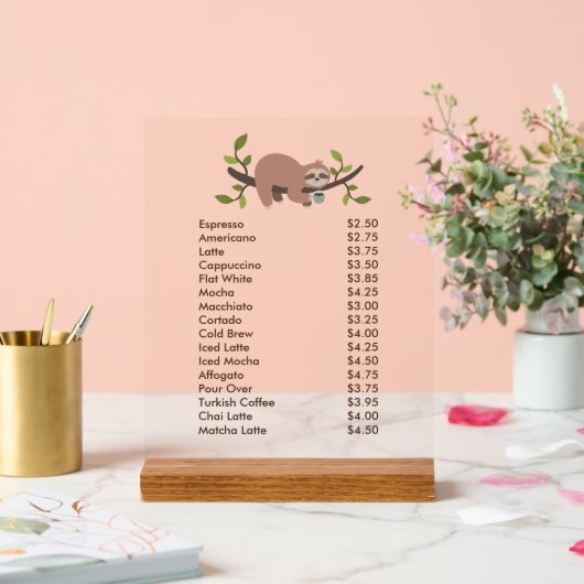 Custom Acrylic Pedestal Menu Sign with Sloth  Acryl Bord (Huwelijk)