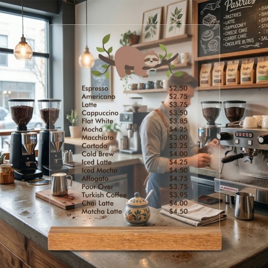 Custom Acrylic Pedestal Menu Sign with Sloth  Acryl Bord