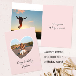 Custom Age Happy Birthday Foto Hart Tiener Roze Kaart