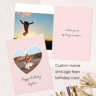 Custom Age Happy Birthday Foto Hart Tiener Roze Kaart