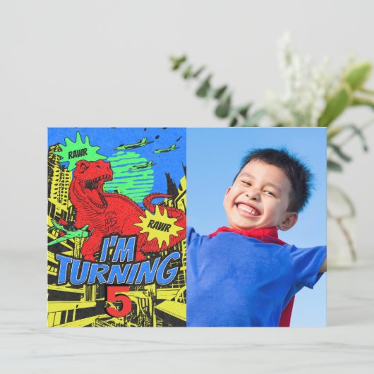 Custom Age Kind Comic Dinosaur Verjaardagsfeest Fo Kaart (Staand voorkant)