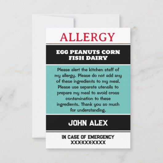 Custom Allergy Alert Chef Kaart (Voorkant)