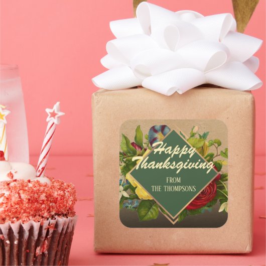 Custom Antiek Bloemen Happy Thanksgiving Vierkante Sticker (Feest)