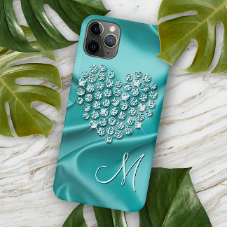 Custom Aqua Turquoise Diamonds Love Heart Pattern iPhone 15 Mini Hoesje