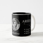 Custom Aries Zodiac Mug with Name & Traits Tweekleurige Koffiemok (Voorkant rechts)