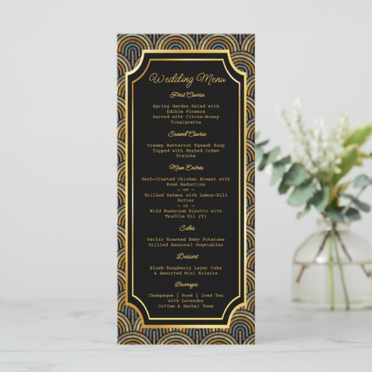Custom Art Deco Embroidered-Style Wedding Menu (Staand voorkant)