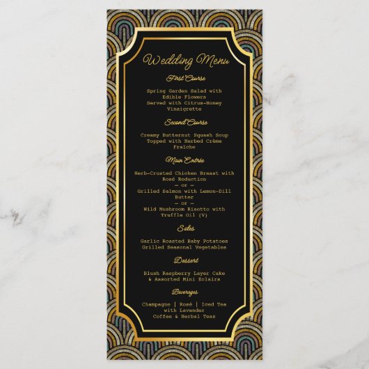 Custom Art Deco Embroidered-Style Wedding Menu (Voorkant)